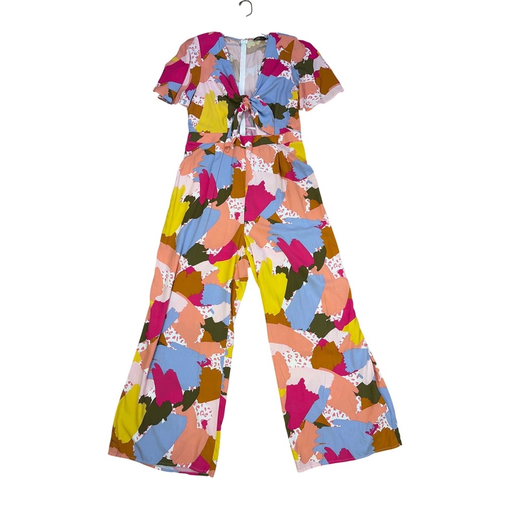 Eloquii Elements Women 14 Abstract Print Tie Front Cutout Wide Leg Jumpsuit‎